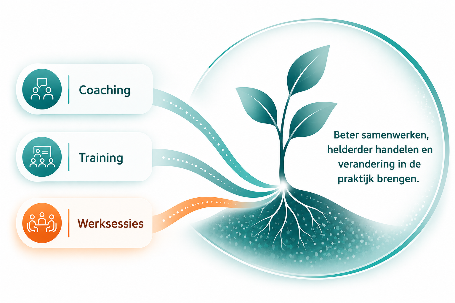 Coaching, training en begeleide werksessies als routes naar beter samenwerken, helderder handelen en verandering in de praktijk.